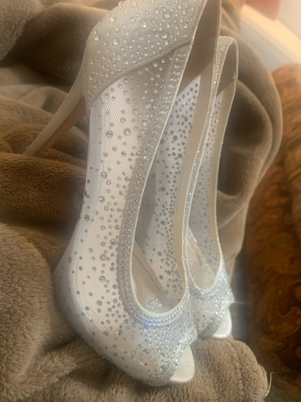 David's Bridal White Mesh Crystal Peep-Toe Stiletto Heels